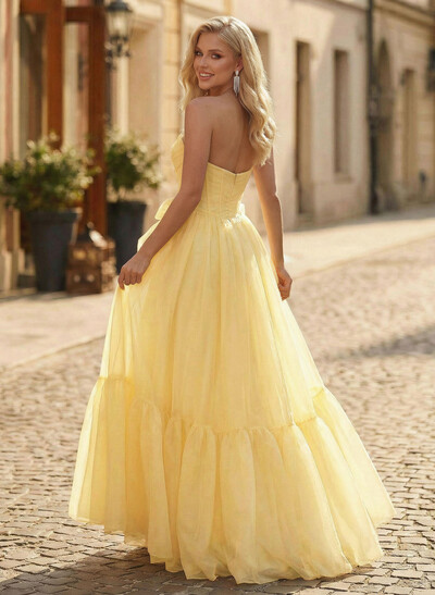 Sweet & Flow A-Line Strapless Sleeveless Floor-Length Organza Prom Dresses With Bow(s)