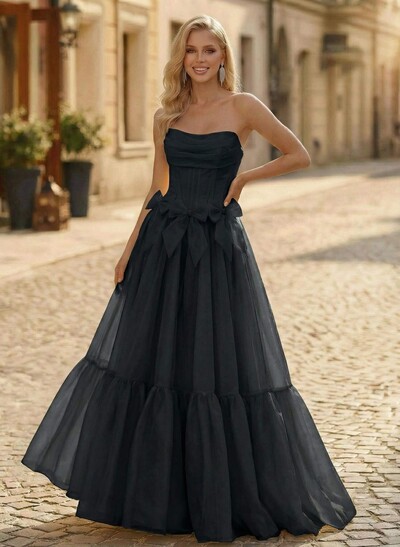Sweet & Flow A-Line Strapless Sleeveless Floor-Length Organza Prom Dresses With Bow(s)