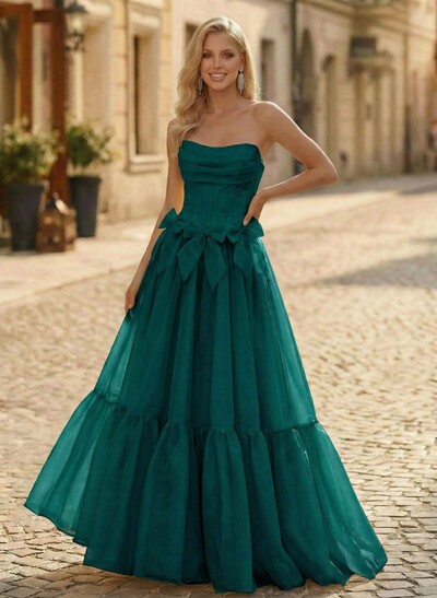 Sweet & Flow A-Line Strapless Sleeveless Floor-Length Organza Prom Dresses With Bow(s)