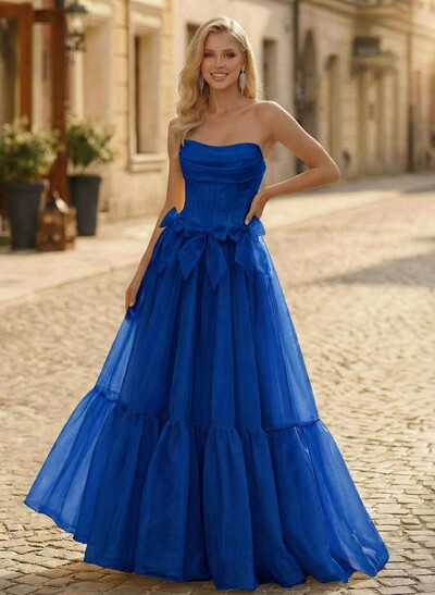Sweet & Flow A-Line Strapless Sleeveless Floor-Length Organza Prom Dresses With Bow(s)