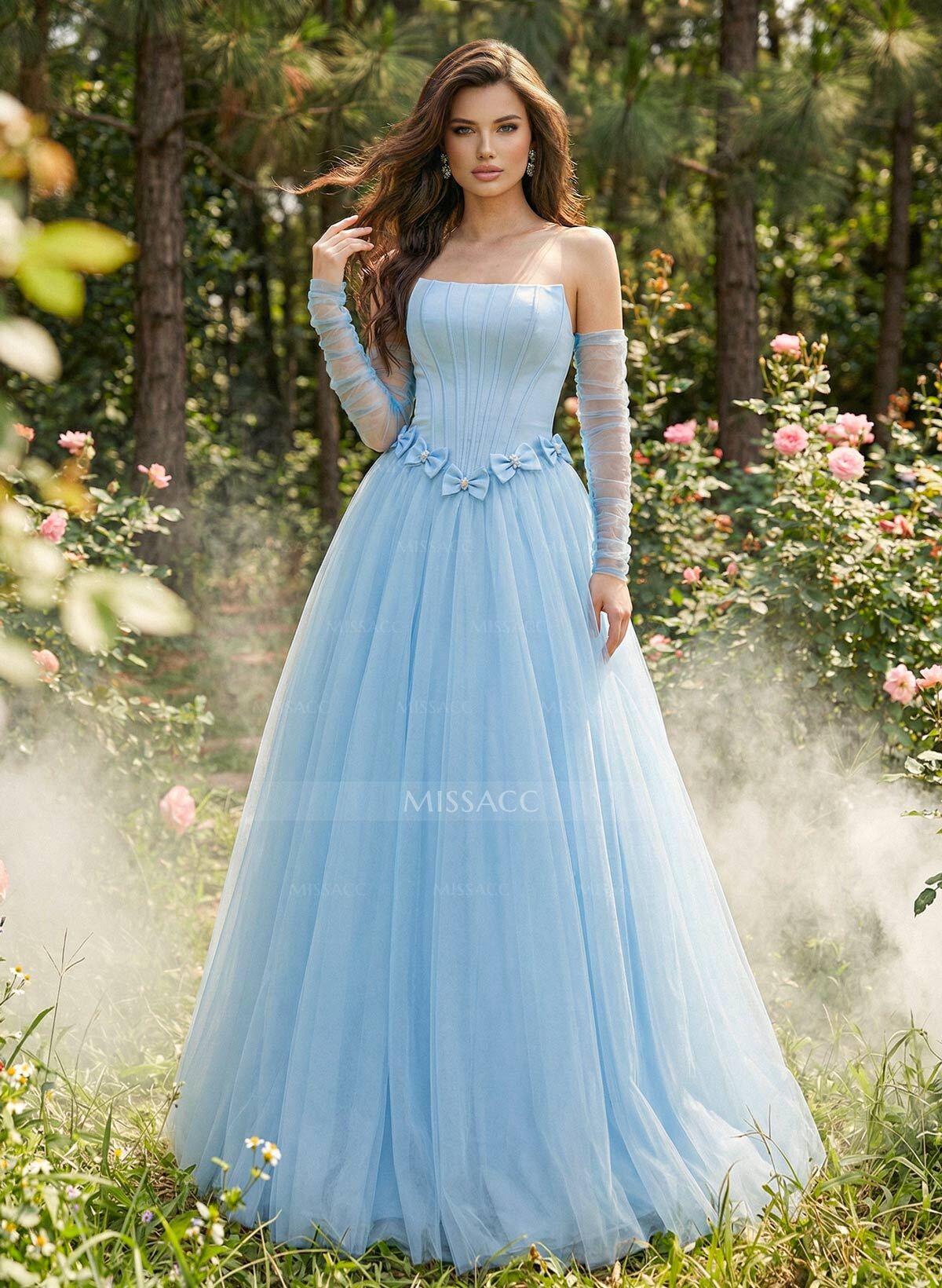 Sweet & Flow A-Line Strapless Detachable Sleeves Floor-Length Satin Prom Dresses With Bow(s)