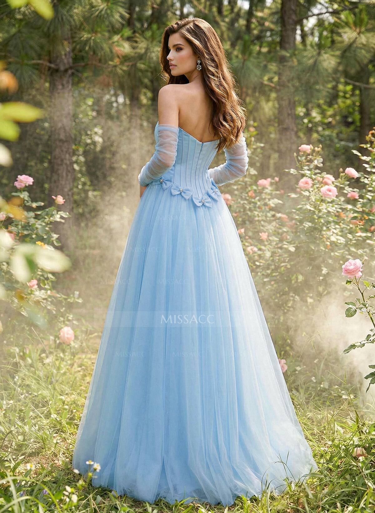Sweet & Flow A-Line Strapless Detachable Sleeves Floor-Length Satin Prom Dresses With Bow(s)