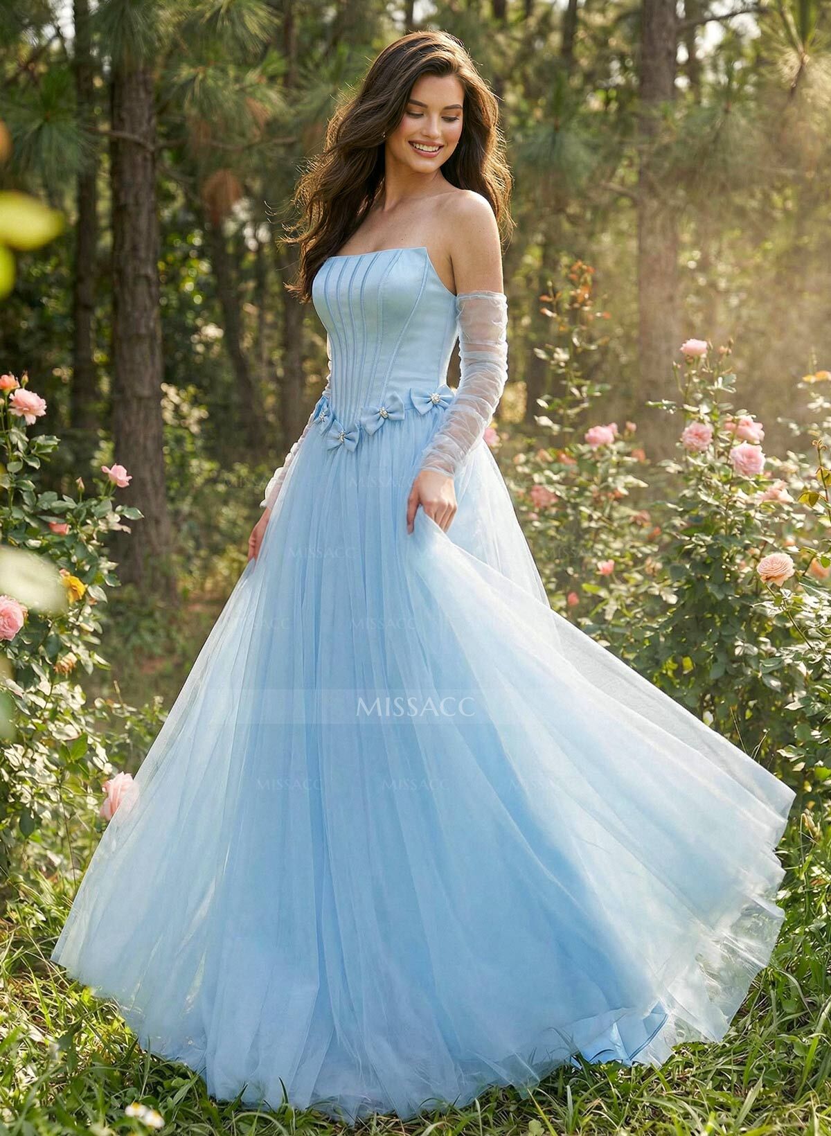 Sweet & Flow A-Line Strapless Detachable Sleeves Floor-Length Satin Prom Dresses With Bow(s)