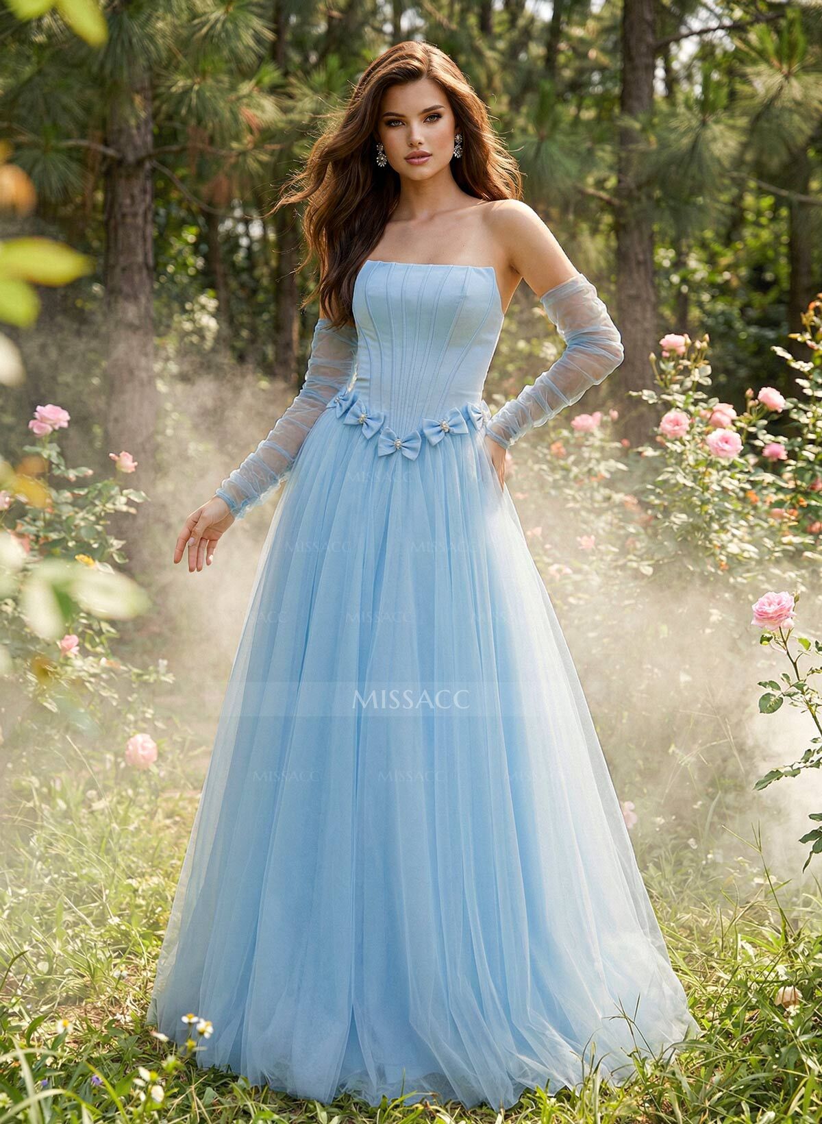 Sweet & Flow A-Line Strapless Detachable Sleeves Floor-Length Satin Prom Dresses With Bow(s)