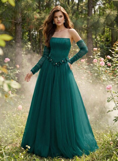 Sweet & Flow A-Line Strapless Detachable Sleeves Floor-Length Satin Prom Dresses With Bow(s)