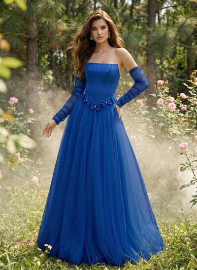 Sweet & Flow A-Line Strapless Detachable Sleeves Floor-Length Satin Prom Dresses With Bow(s)