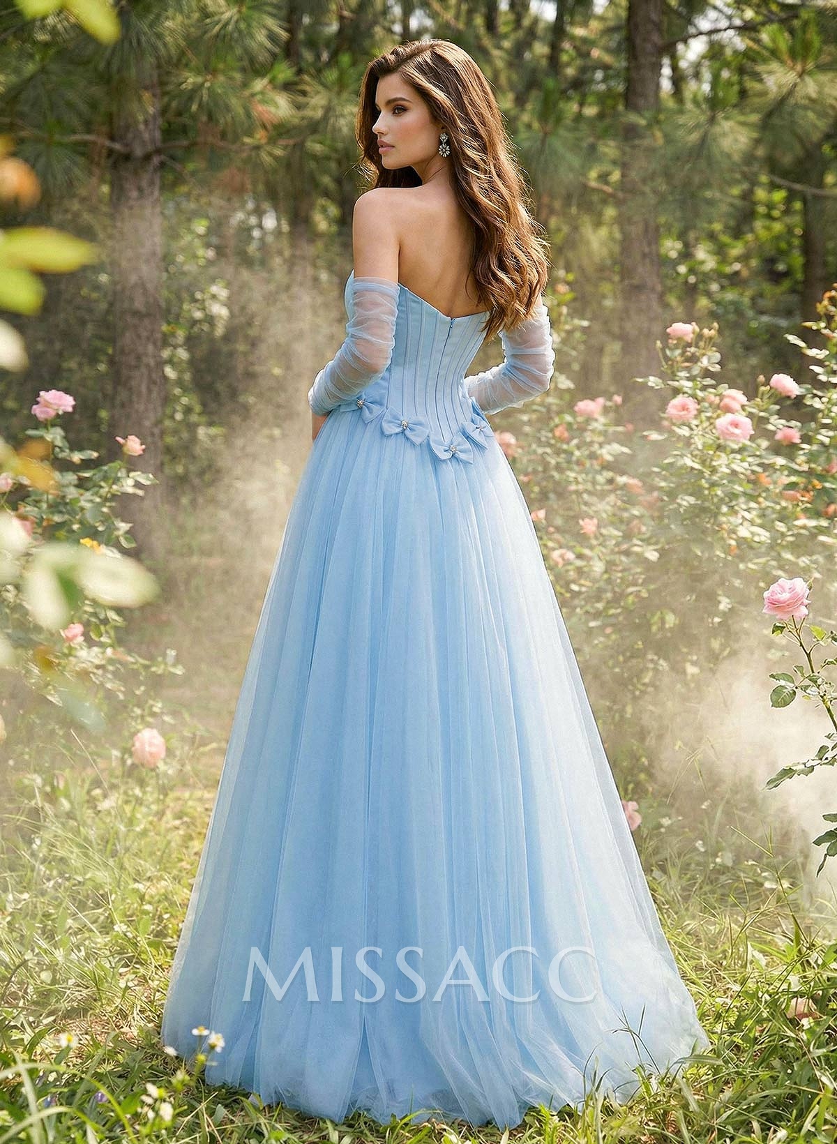 Sweet & Flow A-Line Strapless Detachable Sleeves Floor-Length Satin Prom Dresses With Bow(s)