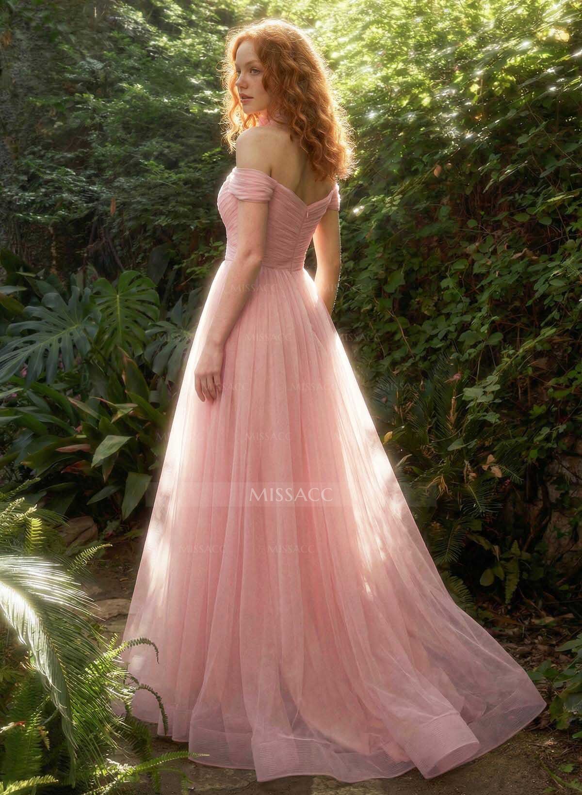 A-Line Off-The-Shoulder Sleeveless Sweep Train Satin Prom Dresses With Pleated/Flower(s)/High Split