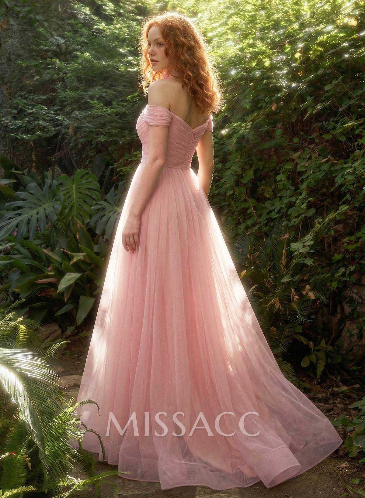 A-Line Off-The-Shoulder Sleeveless Sweep Train Satin Prom Dresses With Pleated/Flower(s)/High Split A-Line Off-The-Shoulder Sleeveless Sweep Train Satin Prom Dresses With Pleated/Flower(s)/High Split