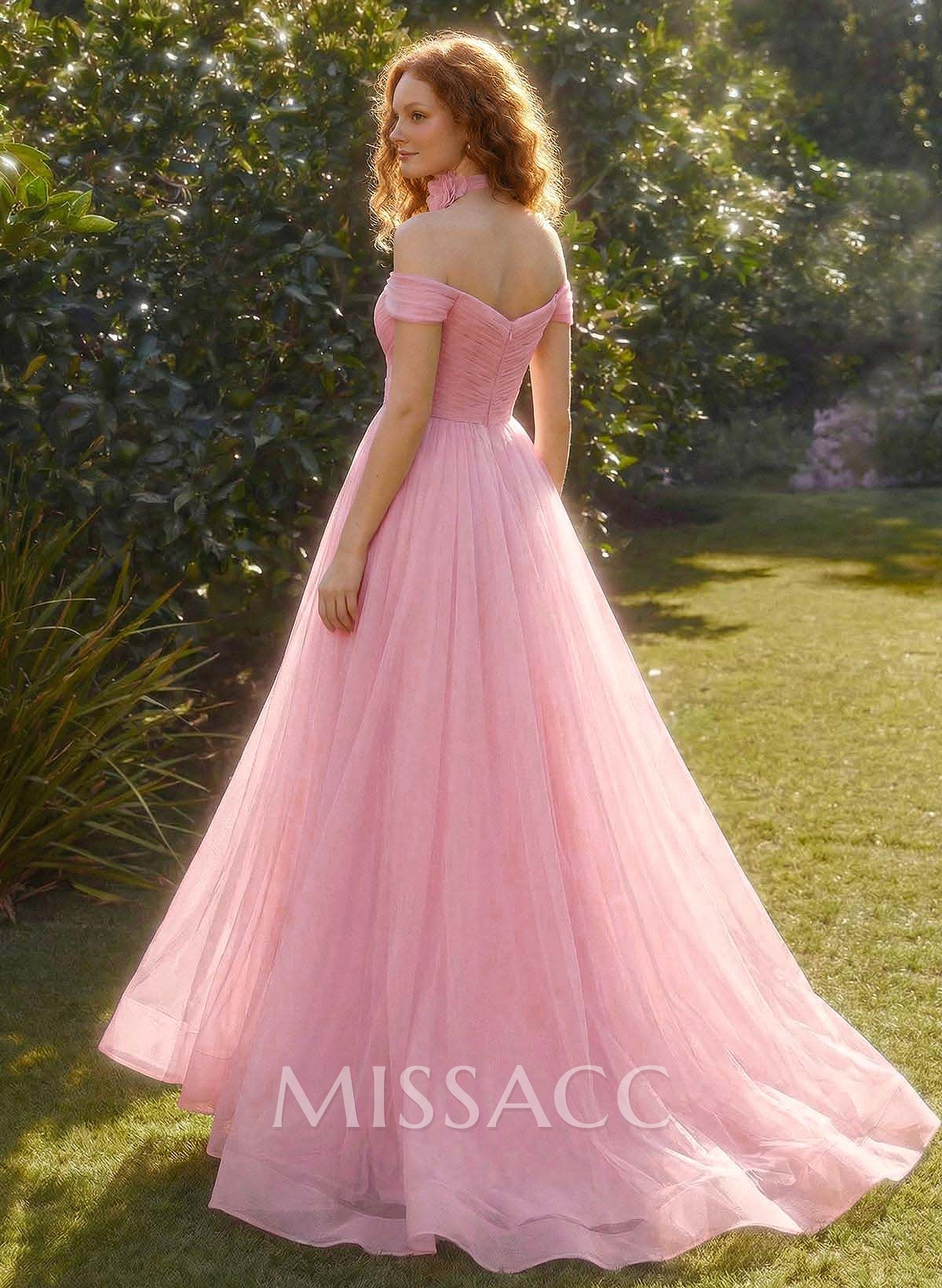 A-Line Off-The-Shoulder Sleeveless Sweep Train Satin Prom Dresses With Pleated/Flower(s)/High Split A-Line Off-The-Shoulder Sleeveless Sweep Train Satin Prom Dresses With Pleated/Flower(s)/High Split
