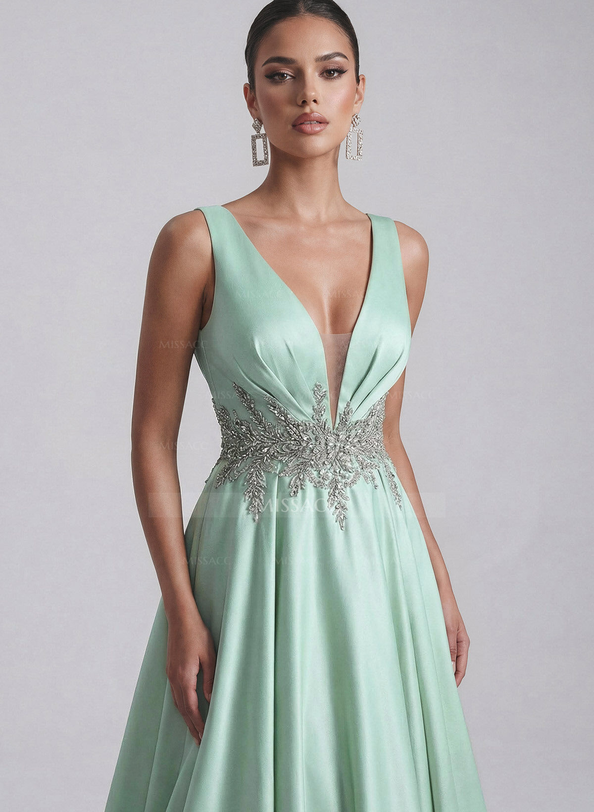 Elegant A-Line Plunge Neck Sleeveless Sweep Train Satin Prom Dresses With Rhinestone