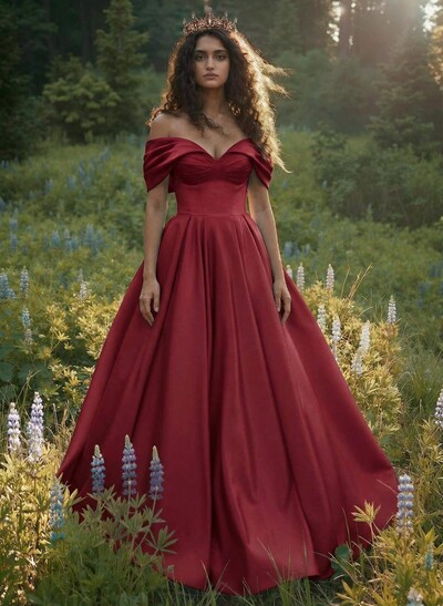 A-Line Off-The-Shoulder Sleeveless Floor-Length Satin Prom Dresses