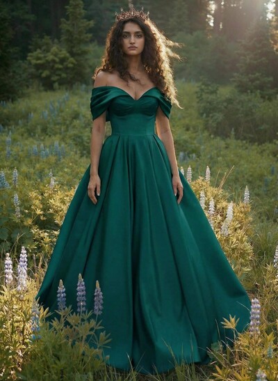 A-Line Off-The-Shoulder Sleeveless Floor-Length Satin Prom Dresses