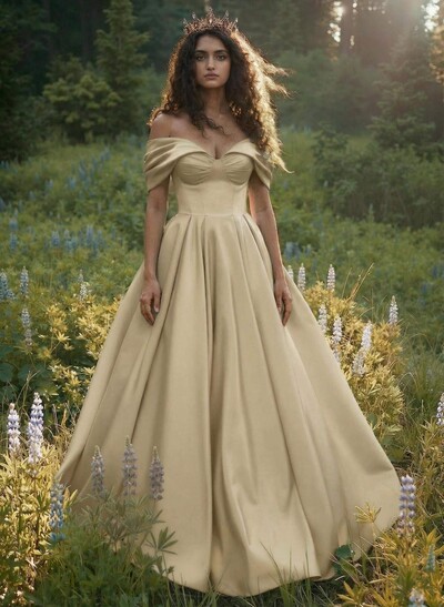 A-Line Off-The-Shoulder Sleeveless Floor-Length Satin Prom Dresses