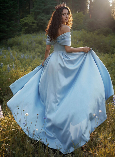 A-Line Off-The-Shoulder Sleeveless Floor-Length Satin Prom Dresses