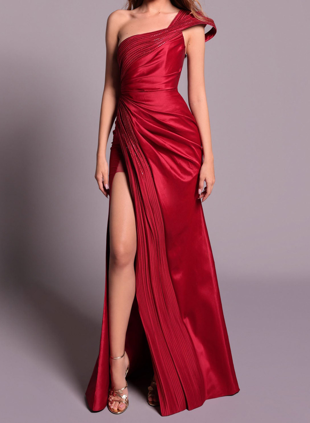 Trumpet/Mermaid One-Shoulder Sleeveless Sweep Train Matte Satin Prom Dresses With Split Front/Pleated