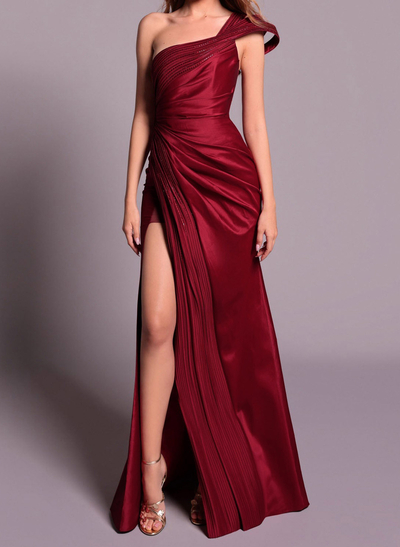 Trumpet/Mermaid One-Shoulder Sleeveless Sweep Train Matte Satin Prom Dresses With Split Front/Pleated