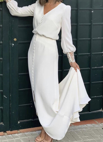 V-Neck Long Sleeves Floor-Length Elastic Satin Wedding Dresses With Split Front/Lace