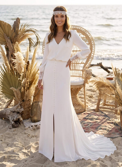 V-Neck Long Sleeves Floor-Length Elastic Satin Wedding Dresses With Split Front/Lace