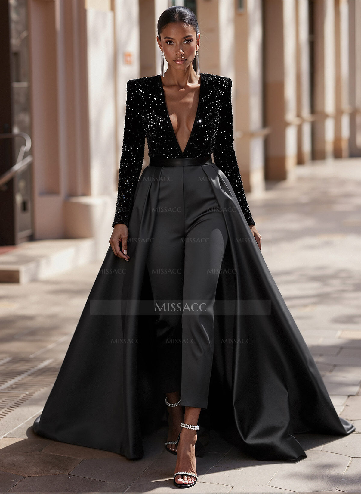 Jumpsuit/Pantsuit Plunge Neck Long Sleeves Detachable Satin/Velvet Sequin Wedding Dresses With Sequins