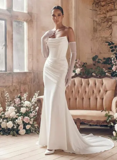 Trumpet/Mermaid Strapless Sleeveless Sweep Train Crepe Satin Wedding Dresses