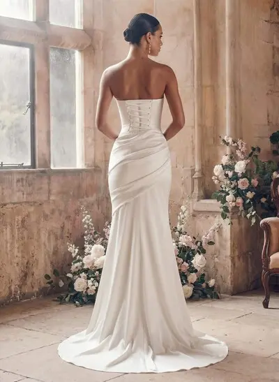 Trumpet/Mermaid Strapless Sleeveless Sweep Train Crepe Satin Wedding Dresses