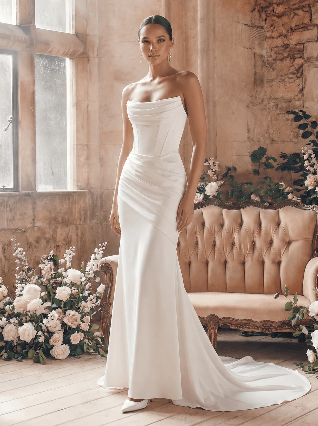 Trumpet/Mermaid Strapless Sleeveless Sweep Train Crepe Satin Wedding Dresses Trumpet/Mermaid Strapless Sleeveless Sweep Train Crepe Satin Wedding Dresses