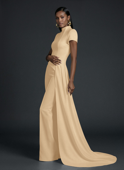 Jumpsuit/Pantsuit High Neck Short Sleeves Floor-Length Elastic Satin Wedding Dresses With Sweeping Side Drape
