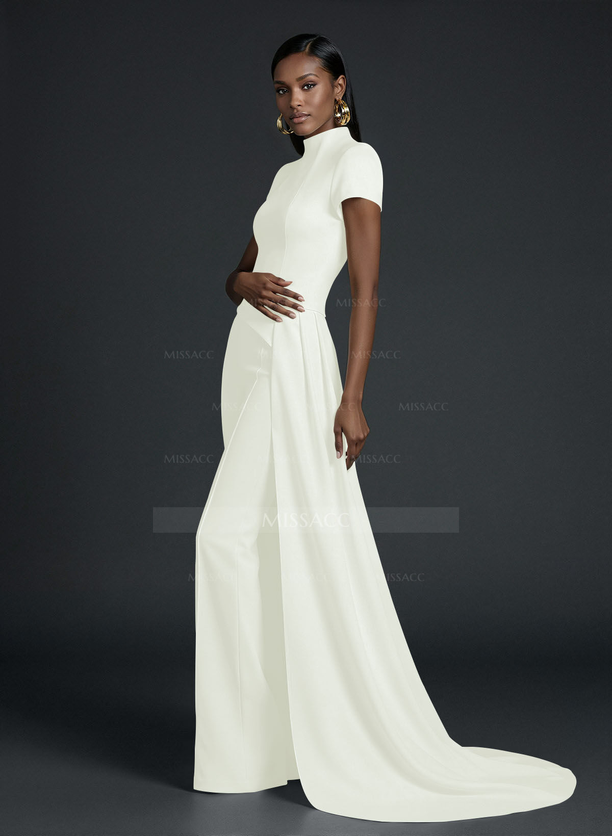Jumpsuit/Pantsuit High Neck Short Sleeves Floor-Length Elastic Satin Wedding Dresses With Sweeping Side Drape