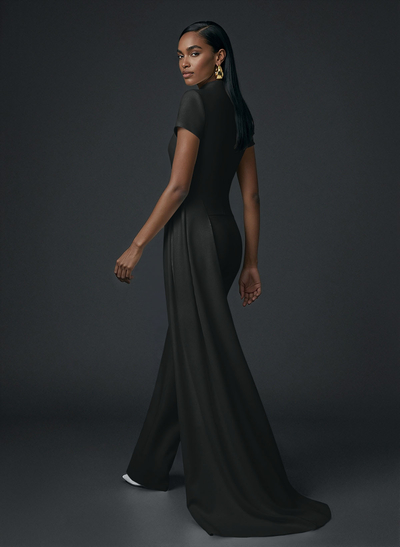 Jumpsuit/Pantsuit High Neck Short Sleeves Floor-Length Elastic Satin Wedding Dresses With Sweeping Side Drape