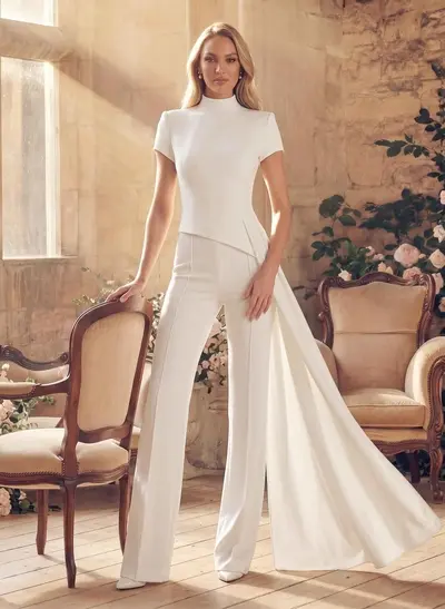 Jumpsuit/Pantsuit High Neck Short Sleeves Floor-Length Elastic Satin Wedding Dresses With Sweeping Side Drape