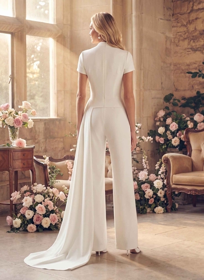 Jumpsuit/Pantsuit High Neck Short Sleeves Floor-Length Elastic Satin Wedding Dresses With Sweeping Side Drape