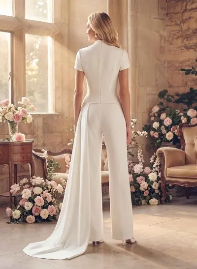 Jumpsuit/Pantsuit High Neck Short Sleeves Floor-Length Elastic Satin Wedding Dresses With Sweeping Side Drape
