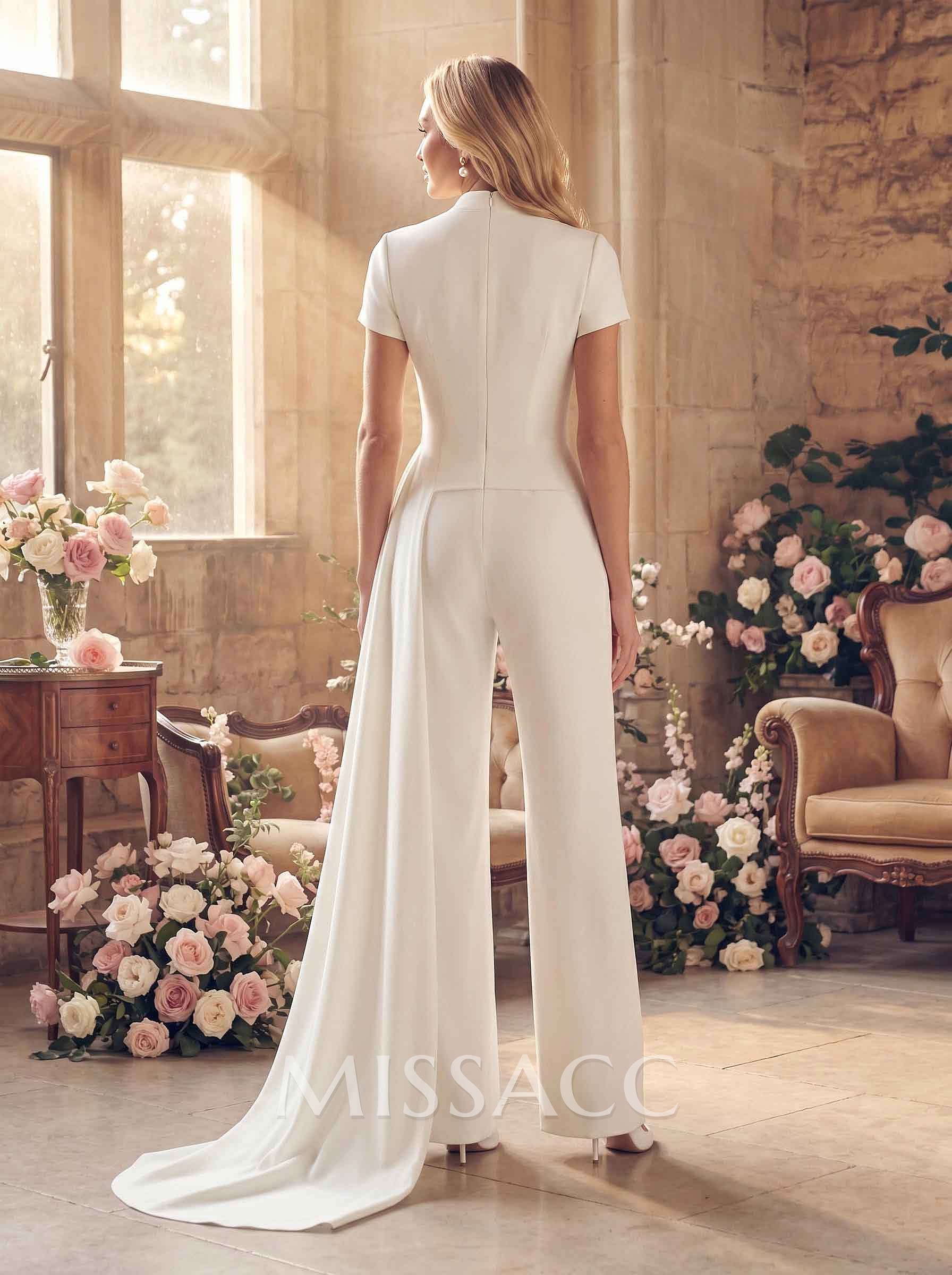 Jumpsuit/Pantsuit High Neck Short Sleeves Floor-Length Elastic Satin Wedding Dresses With Sweeping Side Drape Jumpsuit/Pantsuit High Neck Short Sleeves Floor-Length Elastic Satin Wedding Dresses With Sweeping Side Drape