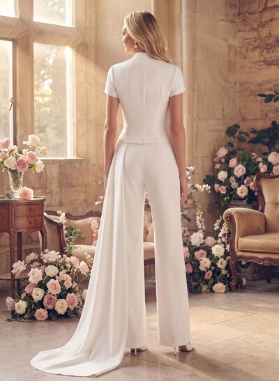 Jumpsuit/Pantsuit High Neck Short Sleeves Floor-Length Elastic Satin Wedding Dresses With Sweeping Side Drape