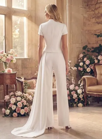 Jumpsuit/Pantsuit High Neck Short Sleeves Floor-Length Elastic Satin Wedding Dresses With Sweeping Side Drape