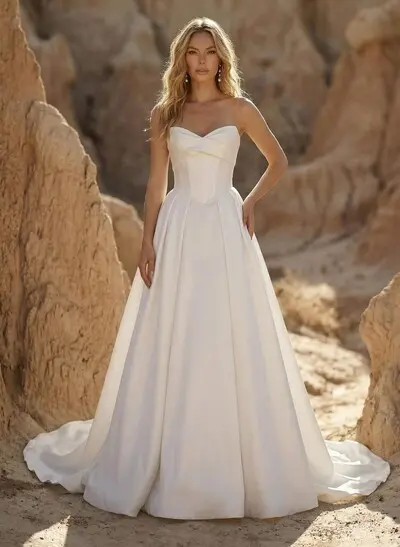 Ball-Gown Sweetheart Sleeveless Court Train Satin With Bow Wedding Dress