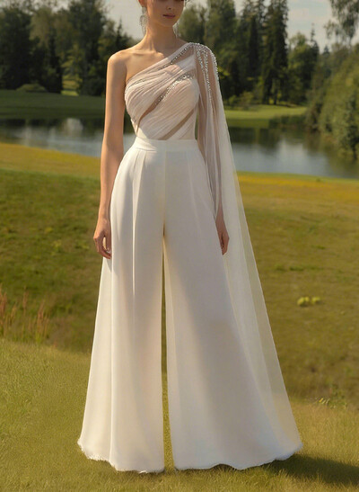 Jumpsuit/Pantsuit One-Shoulder Cape Sleeves Floor-Length Chiffon Wedding Dresses With Beading/Rhinestone