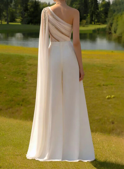 Jumpsuit/Pantsuit One-Shoulder Cape Sleeves Floor-Length Chiffon Wedding Dresses With Beading/Rhinestone
