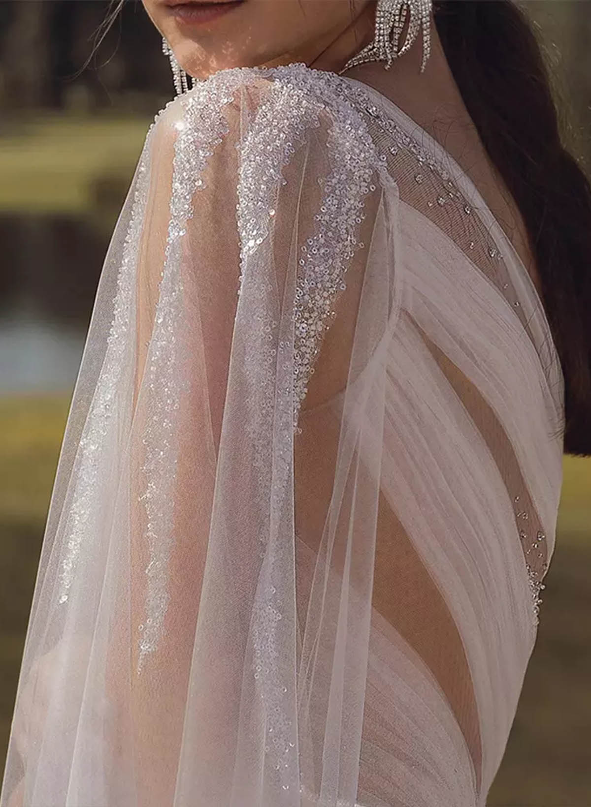 Jumpsuit/Pantsuit One-Shoulder Cape Sleeves Floor-Length Chiffon Wedding Dresses With Beading/Rhinestone