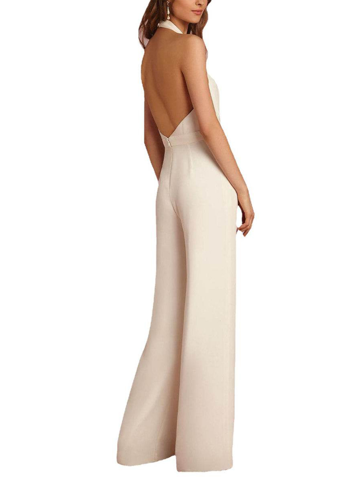 Jumpsuit/Pantsuit Halter/Plunge Neck Floor-Length Elastic Satin Wedding Dresses With Pockets/Back Hole