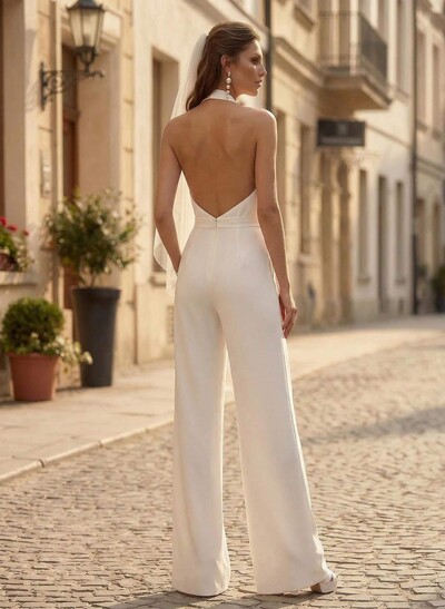 Jumpsuit/Pantsuit Halter/Plunge Neck Floor-Length Elastic Satin Wedding Dresses With Pockets/Back Hole