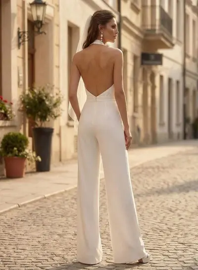Jumpsuit/Pantsuit Halter/Plunge Neck Floor-Length Elastic Satin Wedding Dresses With Pockets/Back Hole