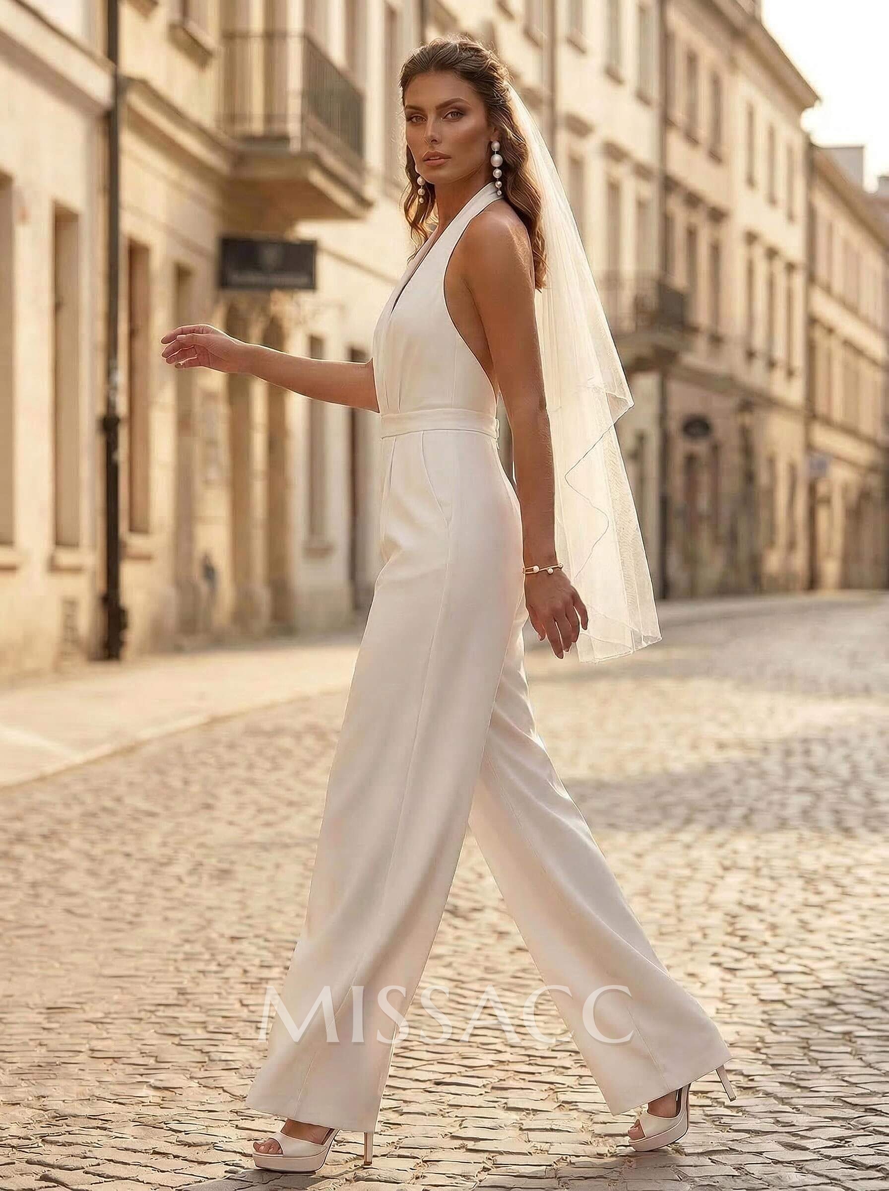 Jumpsuit/Pantsuit Halter/Plunge Neck Floor-Length Elastic Satin Wedding Dresses With Pockets/Back Hole Jumpsuit/Pantsuit Halter/Plunge Neck Floor-Length Elastic Satin Wedding Dresses With Pockets/Back Hole