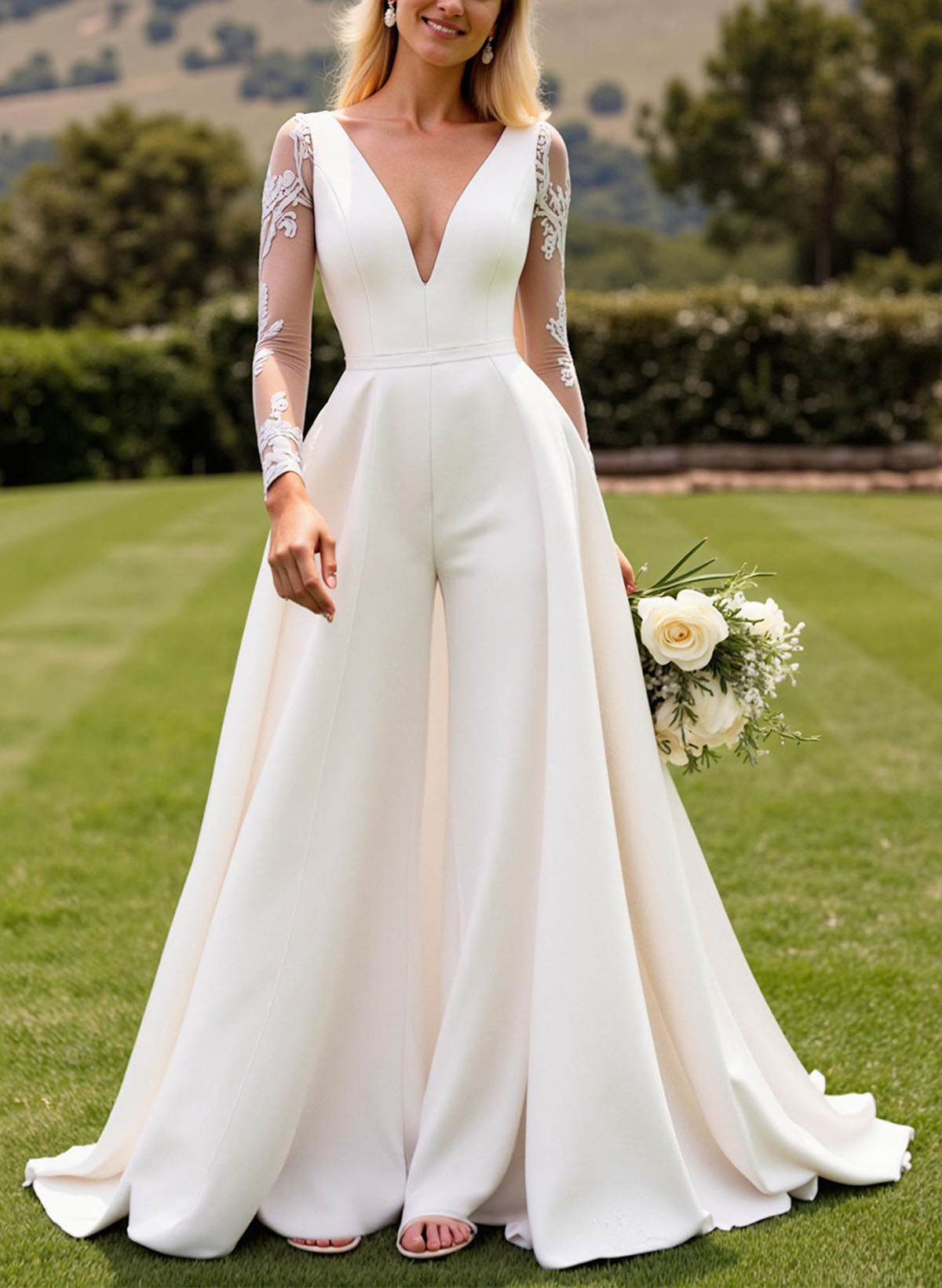 Jumpsuit/Pantsuit Plunge Neck Long Sleeves Sweep Train Elastic Satin Wedding Dresses With Appliques Lace/Overskirt Dress