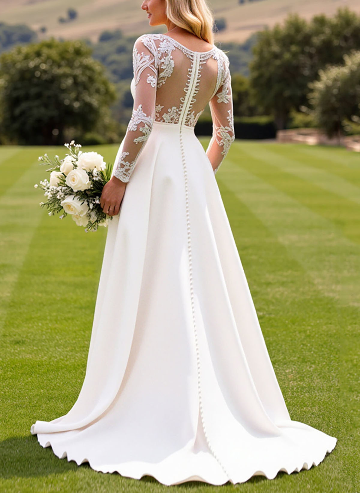 Jumpsuit/Pantsuit Plunge Neck Long Sleeves Sweep Train Elastic Satin Wedding Dresses With Appliques Lace/Overskirt Dress