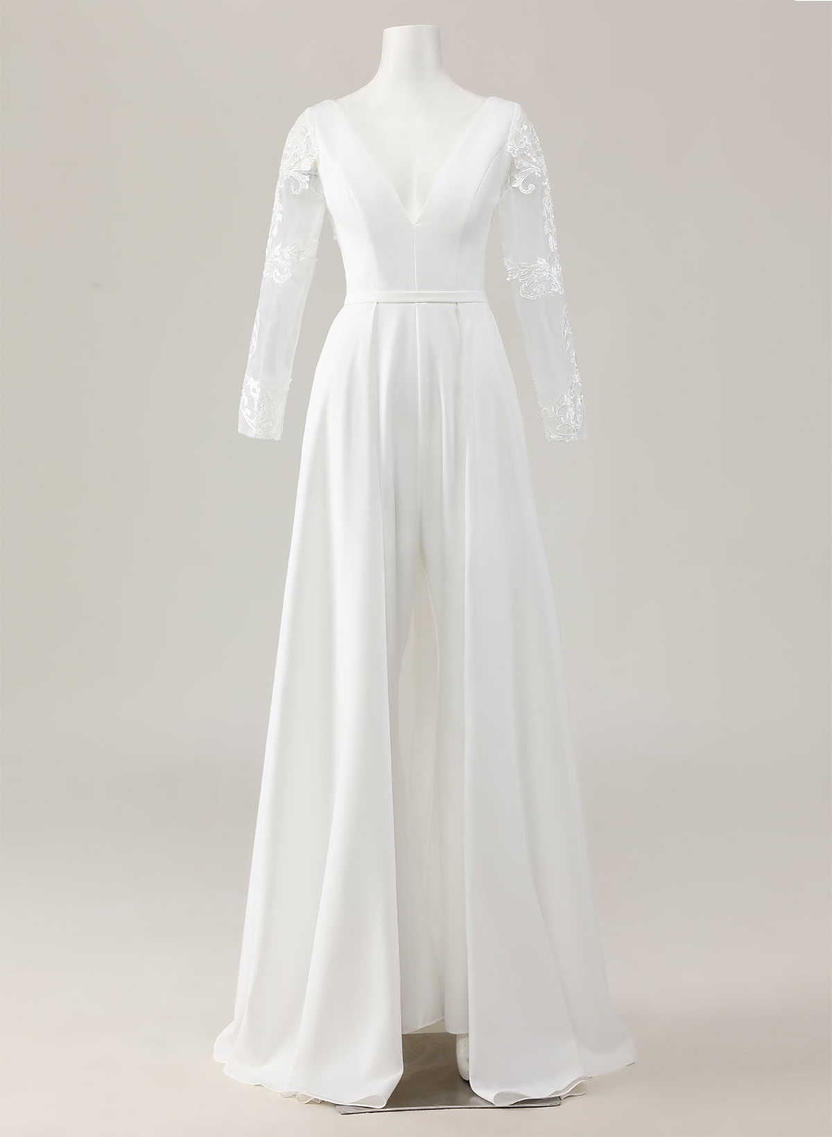 Jumpsuit/Pantsuit Plunge Neck Long Sleeves Sweep Train Elastic Satin Wedding Dresses With Appliques Lace/Overskirt Dress