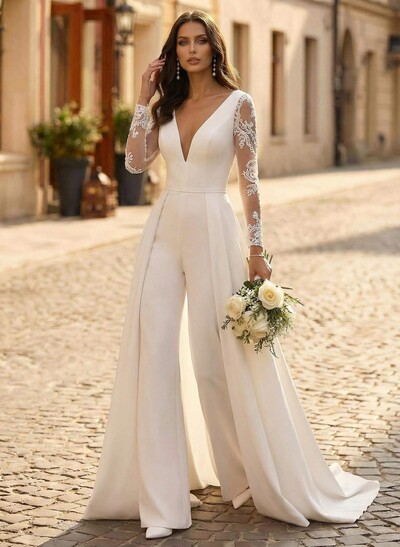 Jumpsuit/Pantsuit Plunge Neck Long Sleeves Sweep Train Elastic Satin Wedding Dresses With Appliques Lace/Overskirt Dress