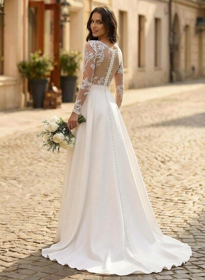 Jumpsuit/Pantsuit Plunge Neck Long Sleeves Sweep Train Elastic Satin Wedding Dresses With Appliques Lace/Overskirt Dress