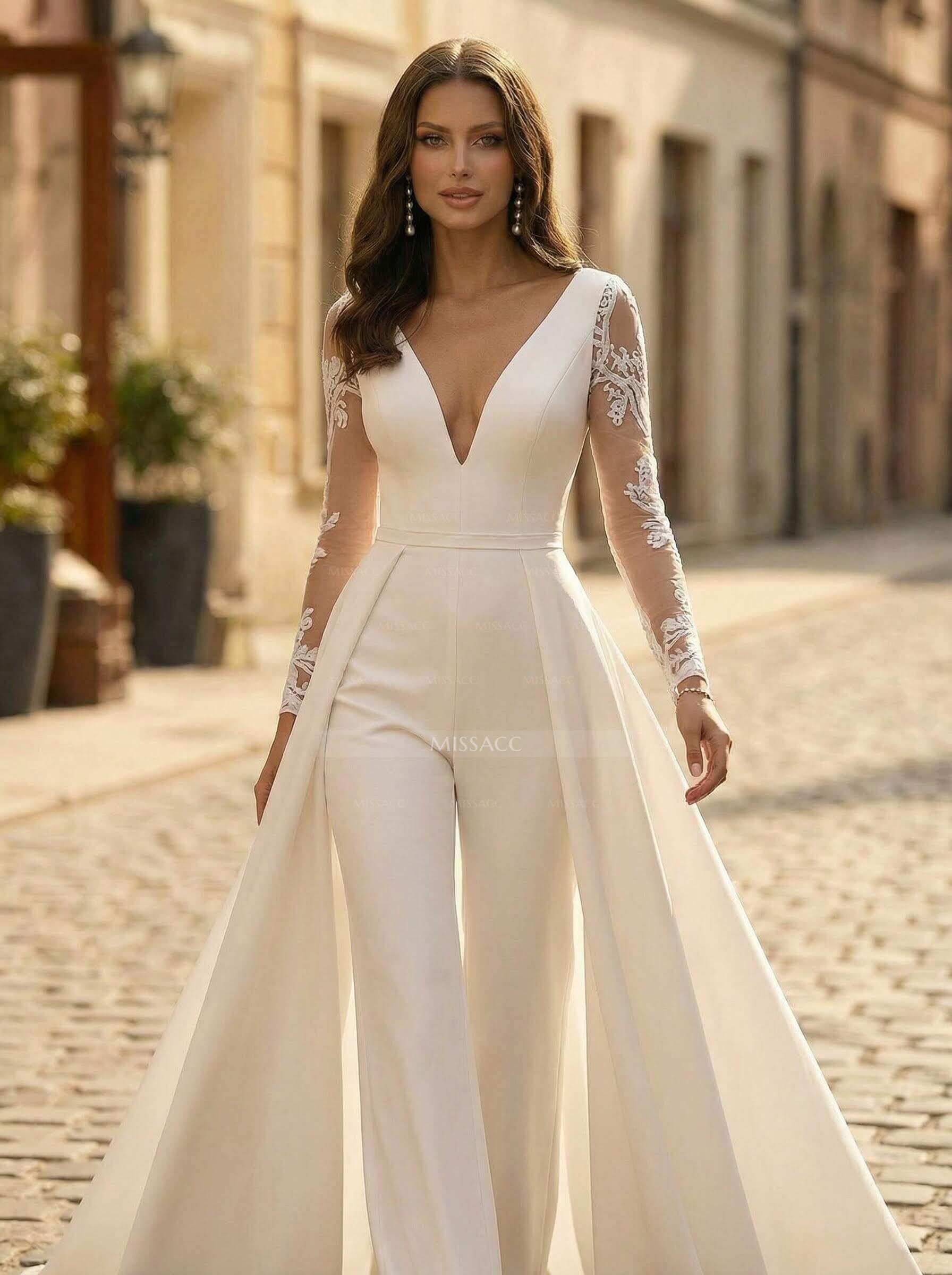 Jumpsuit/Pantsuit Plunge Neck Long Sleeves Sweep Train Elastic Satin Wedding Dresses With Appliques Lace/Overskirt Dress